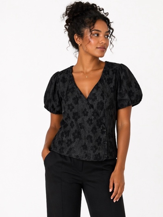 Madewell Tops - NWT Madewell Black wrap blouse, embellished with flowers, women’s size XXS.